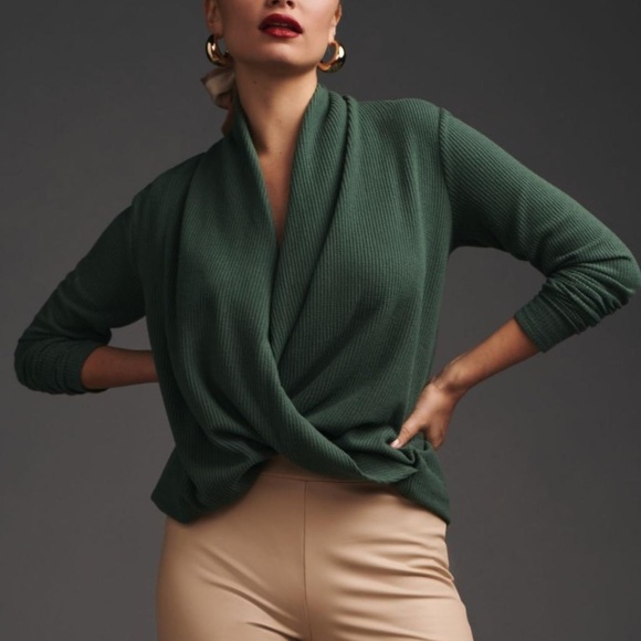 Anthropologie Green Cross Front Waffle Knit Long Sleeve - Picture 5 of 6